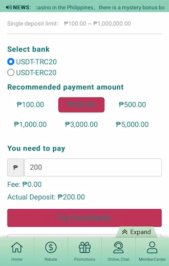 Step 3: Then choose 1 of 2 chain types: USDT-TRC20 or USDT-ERC20. Continue to choose the amount you want to pay.