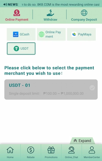 Step 2: In the Online Payment interface, bettors choose the payment method via USDT.