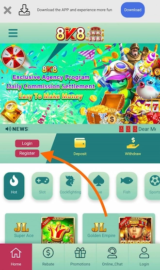 Step 1: 8K8 Com register by logging in to the homepage and selecting “Register”.
