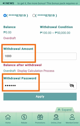 Step 5: Enter the amount you wish to withdraw to your account and enter your withdrawal password correctly.